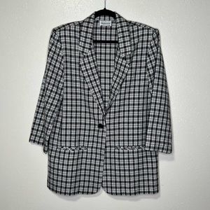 Vintage Oversized Plaid Blazer Black White Single Button 3/4 Sleeve Large